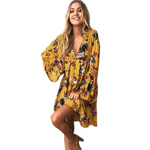 Load image into Gallery viewer, Fashion Women&#39;S Casual Loose Dress Deep V Neck Lantern Long Sleeve Boho Floral Print Mini Sexy Dress Clothing