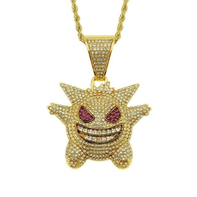 Jewelry Rock Punk Iced Out Shiny CZ Gengar Vampire Bull Pendant Necklace